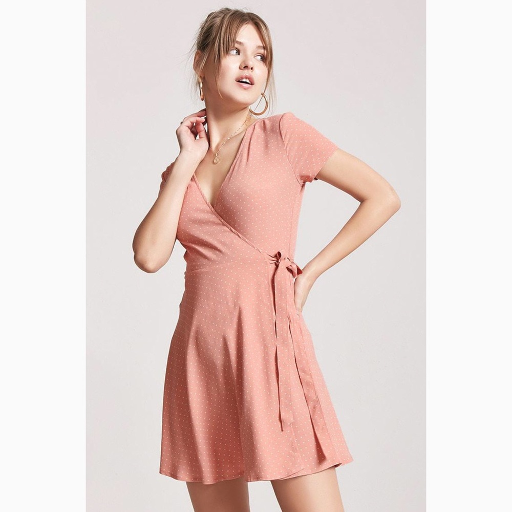 pink and white polka dot wrap dress